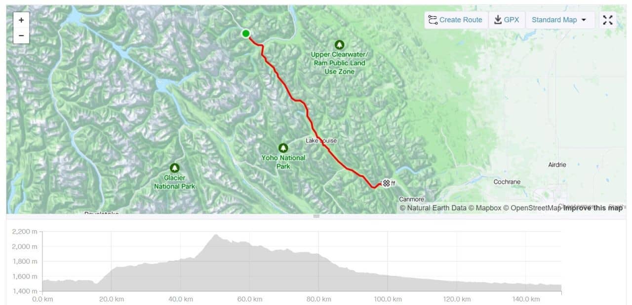 After reaching Bow Summit in Banff National Park is was downhill all the way to Lake Louise  before it flattens out on the way to Banff.