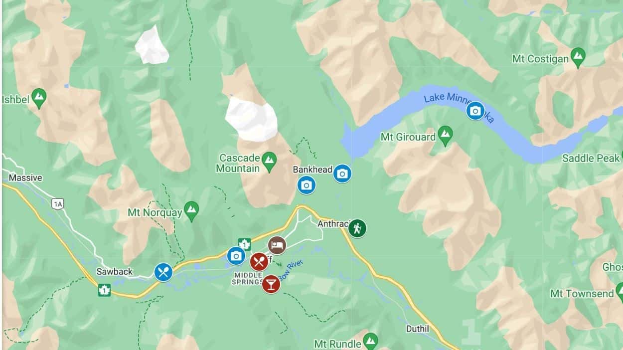 A map of the sites near the town of Banff in Banff National Park, AB, Canada.