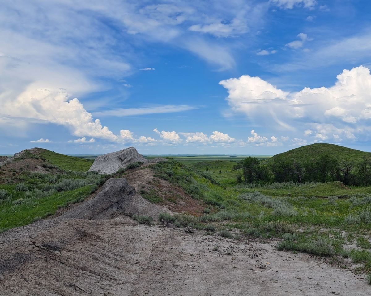 Standing amongst the Drit Hills in Southern Saskatchewan the view stretches as far as the eye can see across the prairies all the way to the horizon.