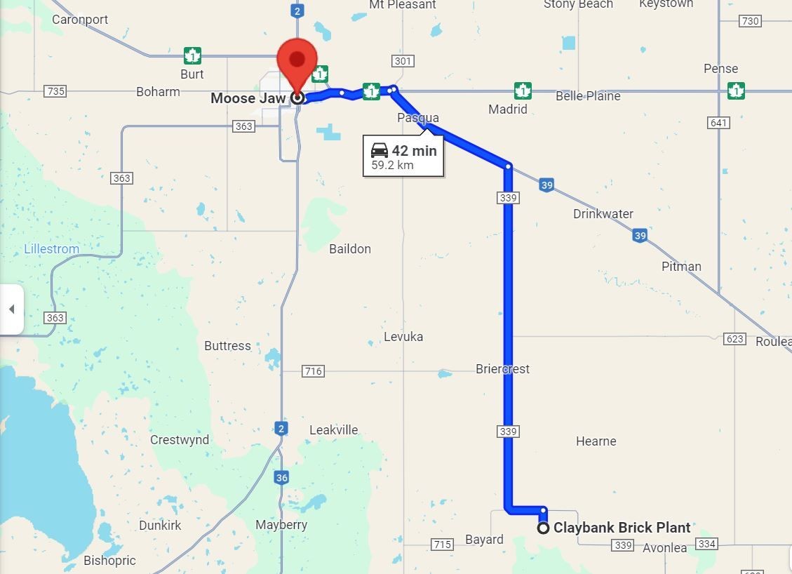 Google map showing directions on driving to the Claybnk Brick Plant National Historic Site form the City of Moose Jaw, Saskatchewan.