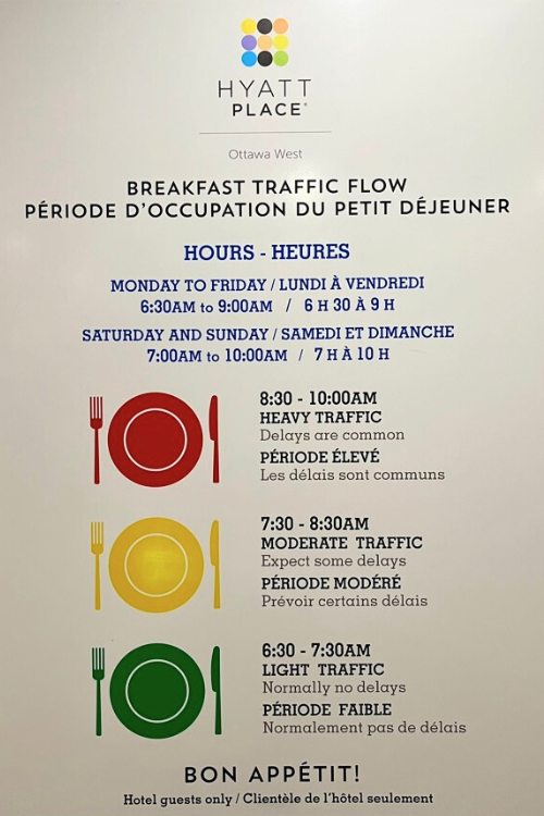 Hyatt Place Ottawa West Kanata elevators have signs that let you know when the best times to have breakfast with less of a crowd.