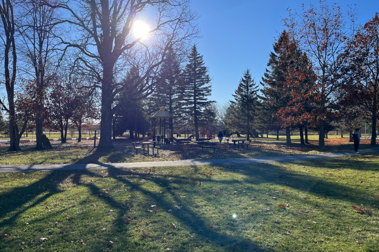 The playground, play equipment, and splash pad at Walter Baker Park in Kanata, Ontario