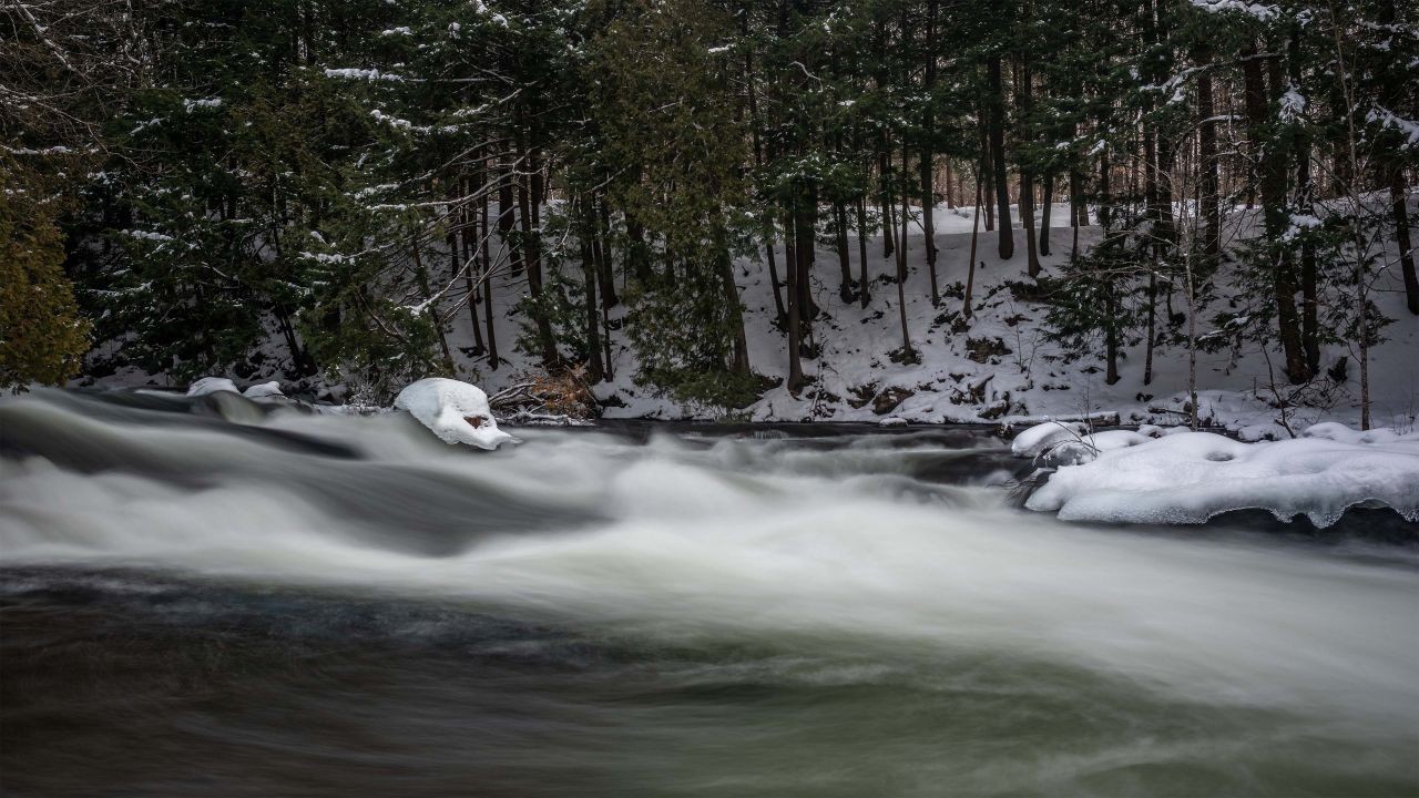 Ice and snow on the river in the Minden Whitewater Preserve in Ontario Canada.