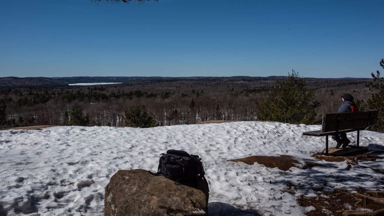 Bench on top of the lookout trail in Algonquin Provincial Park Ontario Canada