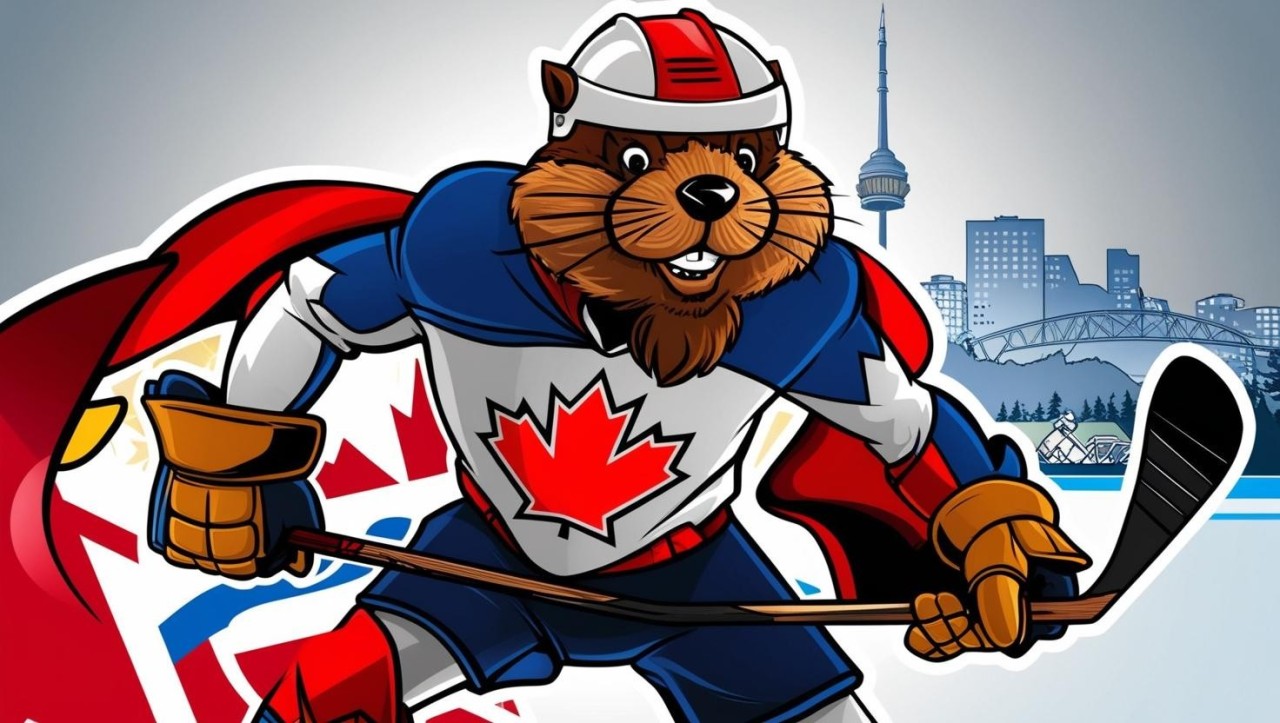 Captain Canada (Super Beaver, wearing  a helmet, gloves and hockey stick shooting a puck.