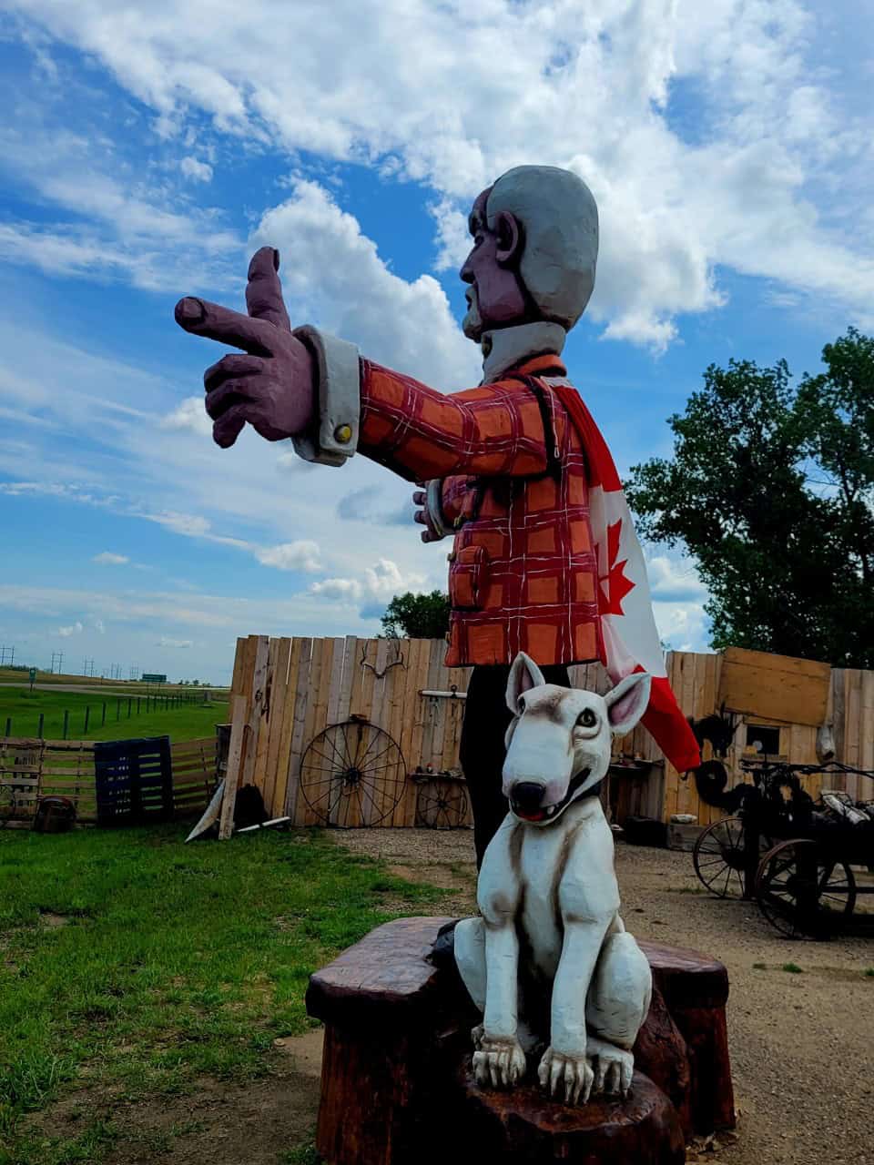 Impressive Carving of Hockey Icon Don Cherry - Mortlach Saskatchewan - This impressive wood carving of Hockey Night in Canada Legend, Don Cherry is made from an old tree and trees from the dump. 
Visit the Village of Mortlach, Saskatchewan and take a selfie with Don & Blue.