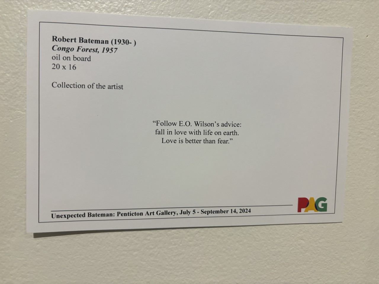 Robert Bateman Exhibit at Penticton Art Gallery 2024-09-24 - Cards accompanied most of the pieces in the Robert Bateman Exhibit. They might tell about the subject of the painting, why it was painted, or something else about why the artist chose that subject.