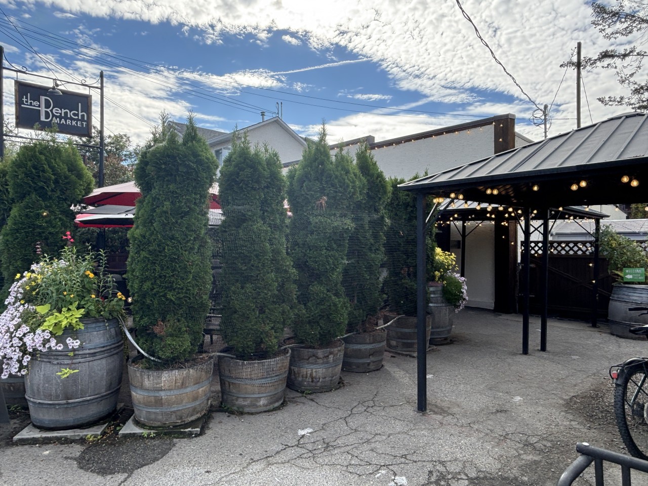 Entrance to The Bench Market in Penticton BC 2024-09-24 - This is the entrance to The Bench Market. Behind the trees is the outdoor dining area.