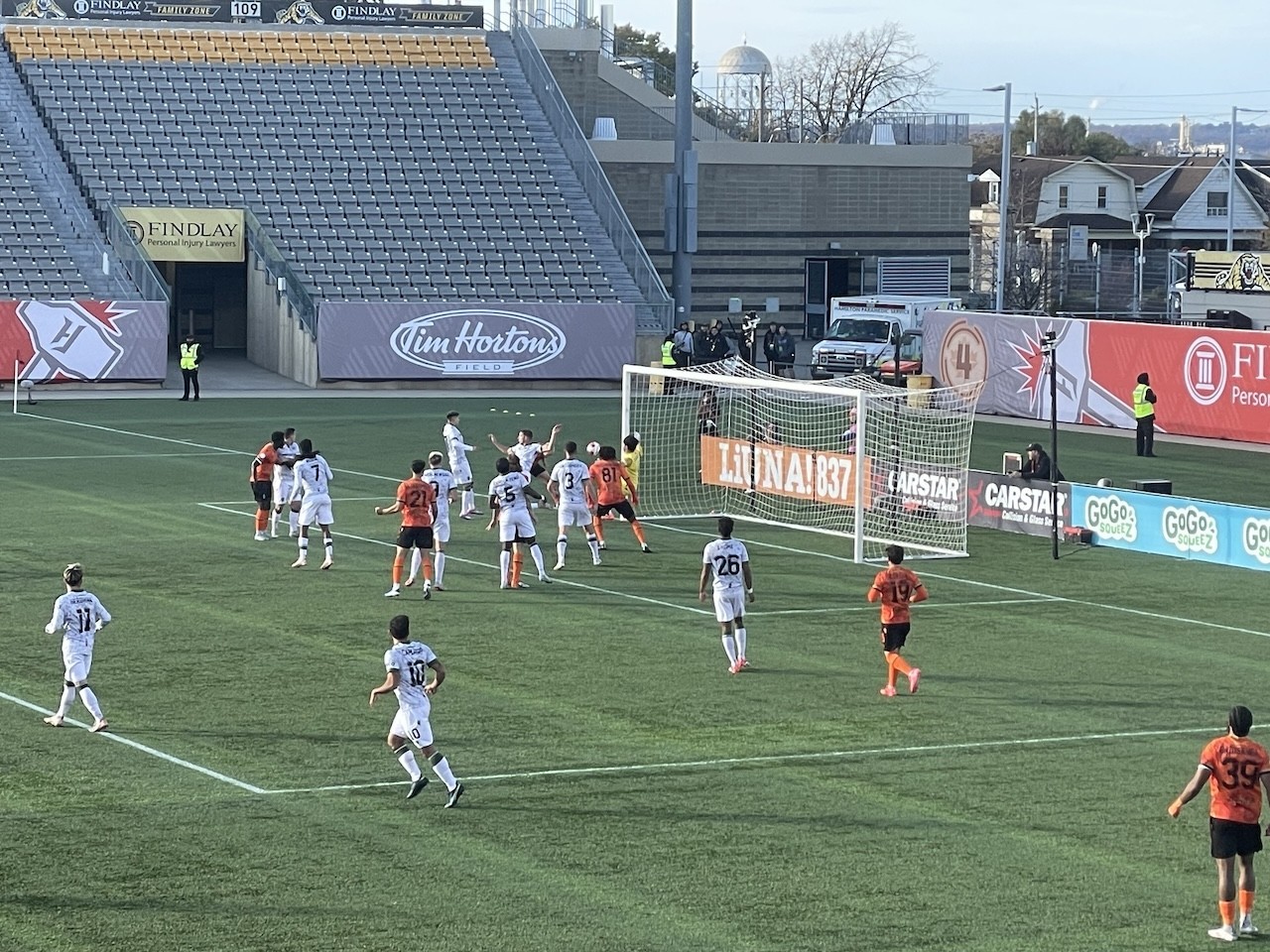 Action at the Net at the Forge FC Game Hamilton Ontario  - The atmosphere was electric as Forge FC made a strong push toward the goal. The crowd erupted in cheers with every close play.