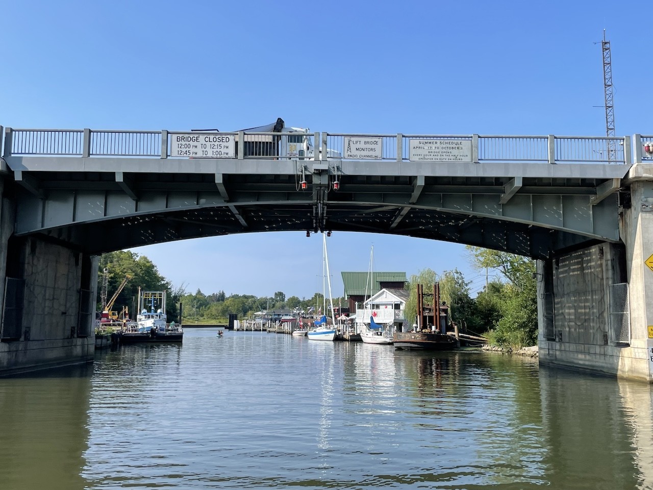 River Rider Headed Under the Bridge in Port Dover - Early on in the cruise, the River Rider Scenic Tour took us under this bridge in the town of Port Dover, Ontario, Canada.