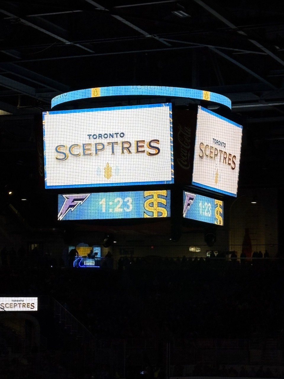 Toronto Sceptres Score Board at Coca-Cola Coliseum Toronto Ontario Canada - We eagerly watched the countdown clock on the score board at Coca-Cola Coliseum to tell us when the Toronto Sceptres game was going to start.