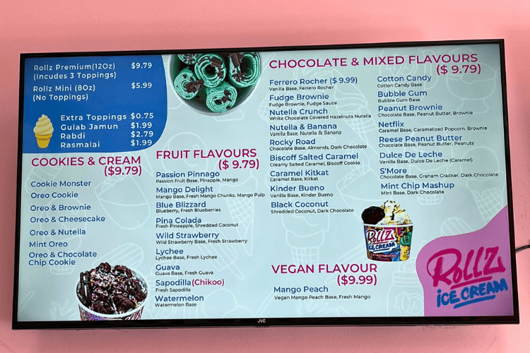 Speciality rolled ice cream flavours cookies and cream, Fruit flavours, chocolate and mixed flavours, plus vegan options - The first of three menus at Rollz in Scarborough outlined some the most popular flavours: cookies & cream flavours, fruit flavours, chocolate and mixed flavours, and even a vegan option! 