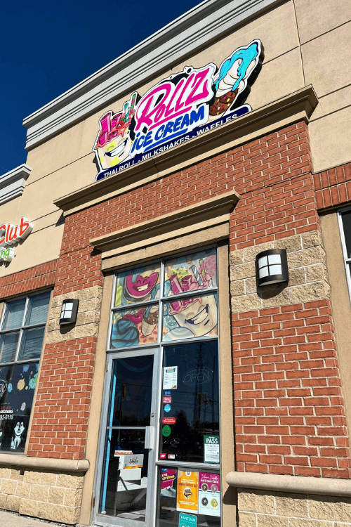 Street view of Rollz Ice Cream in Scarborough, Ontario, Canada - This is the view of the Steeles Avenue Rollz in Scarborough, Ontario - bright and welcoming! Rollz opens mid-day or early afternoon and is open late, until midnight, many days of the week.