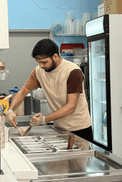 The ice cream is mixed fresh and rolled from a cooling slab, made to order