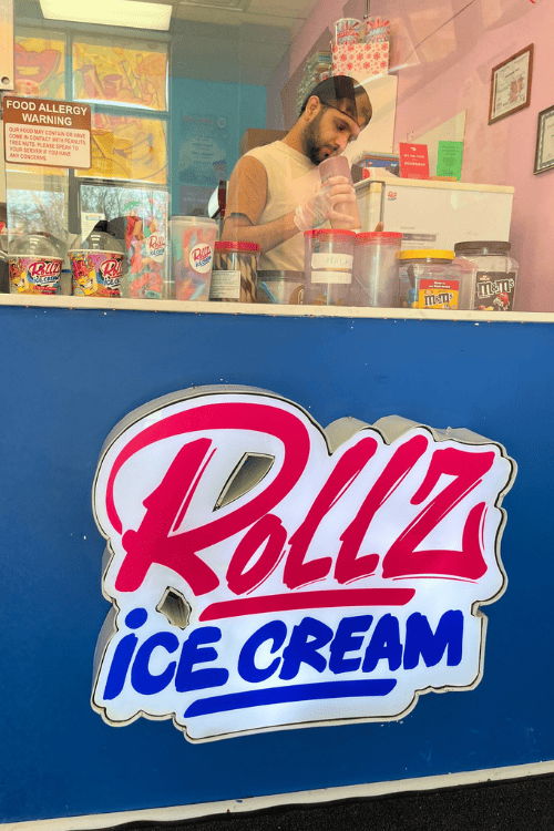 The making of a rollz rolled ice cream - Each dessert is made-to-order at Rollz Ice Cream in Scarborough, Ontario